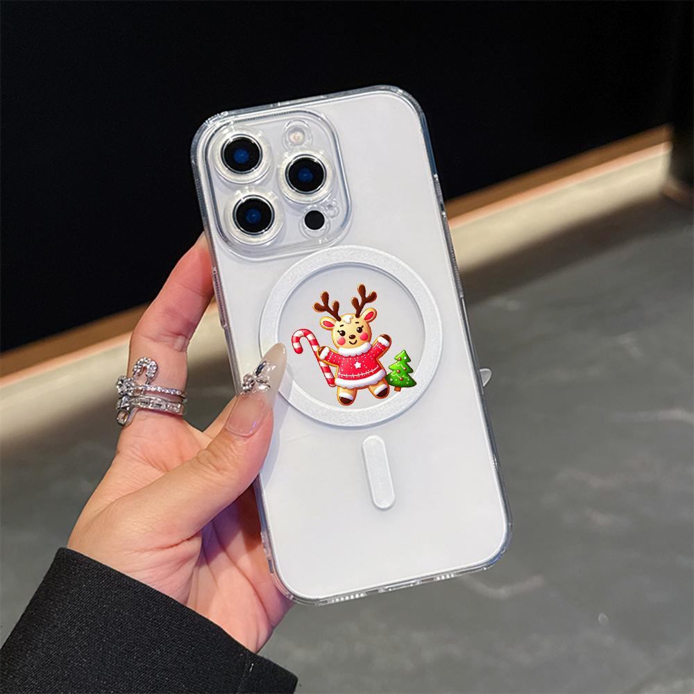 AC102 Рождественские С Новым Годом Magsafe Прозрачные Чехлы для Samsung S23 S24 Ultra S21 FE iPhone 16 13 Pro Max XR Магнитная Беспроводная Зарядка Задняя Крышка