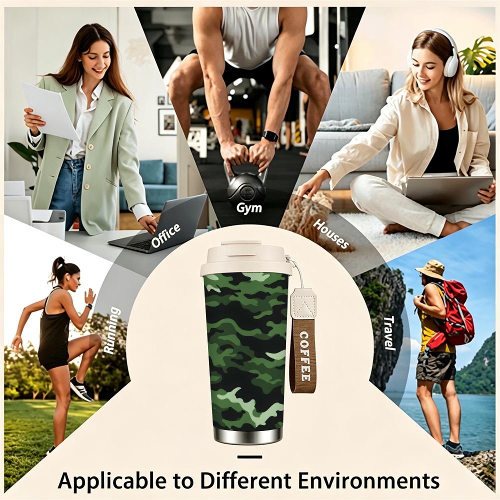 Green Camouflage Pattern Stainless Steel Insulated Coffee Tumbler Vacuum Travel Mug Leakproof Cup for Hiking Outdoor Sport Camping