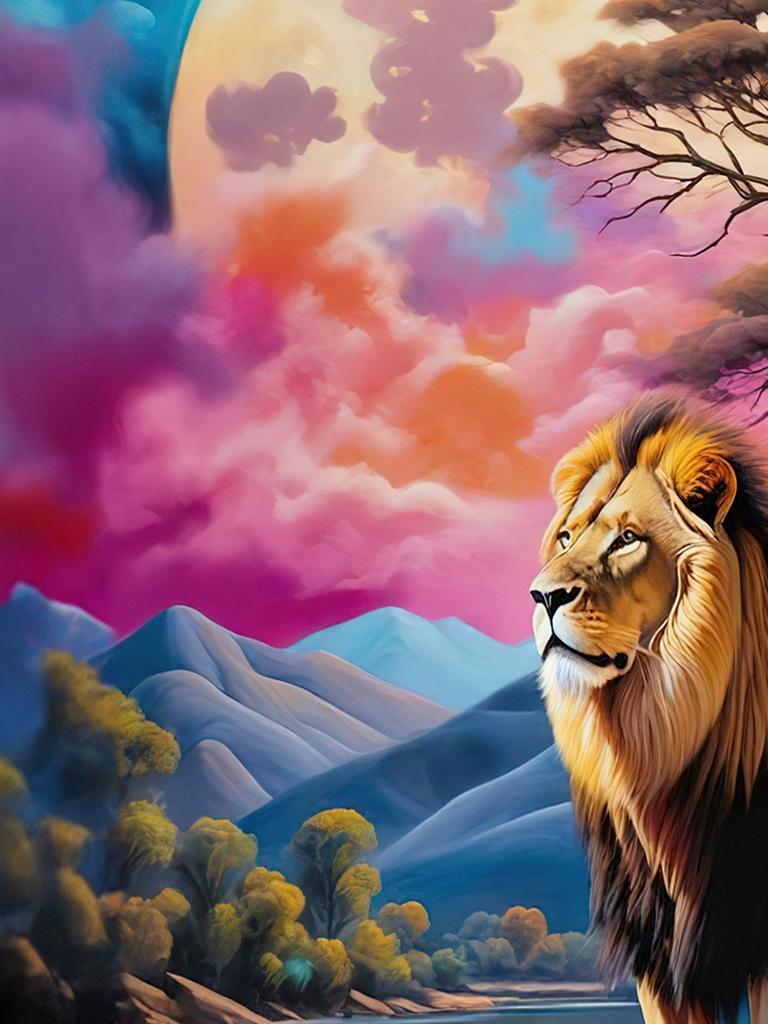 Women's Moon Lion Printed T-shirt, Round Neck Casual Short Sleeve Top, Spring/Summer Clothing