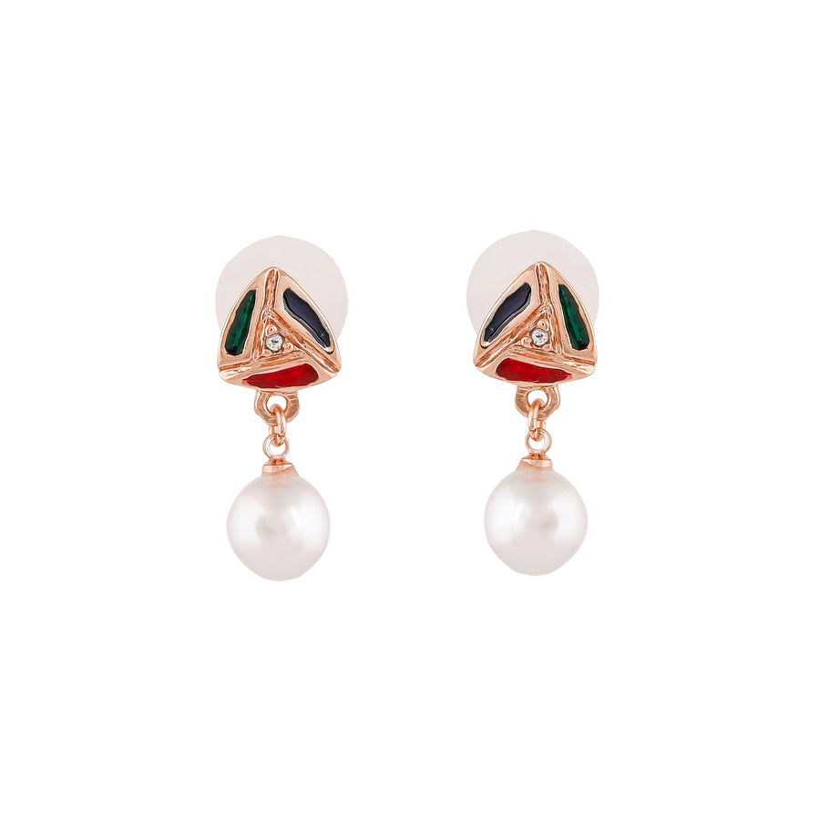 Estele Women's Rose Gold Plated White Pearl Triangle Drop Earrings