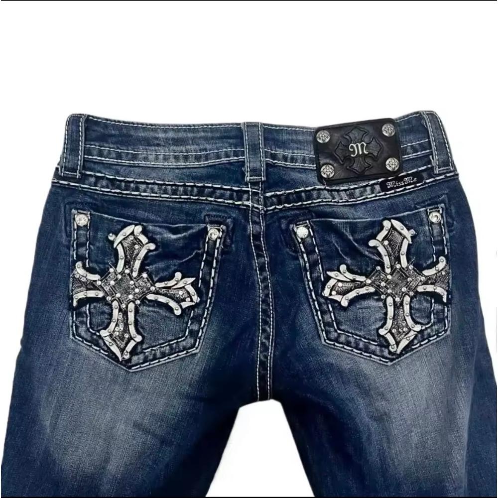 Американские ретро-узкие расклешенные джинсы женские Y2k Harajuku Gothic Vintage Pocket вышитые синие джинсовые брюки с низкой талией широкие брюки