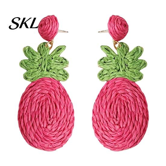 Three-dimensional Pineapple Earrings 1 Pair Handmade Raffia for Women, Boho Straw Hand-Woven Summer Beach Skirt Jewelry Dangle Earrings, Natural