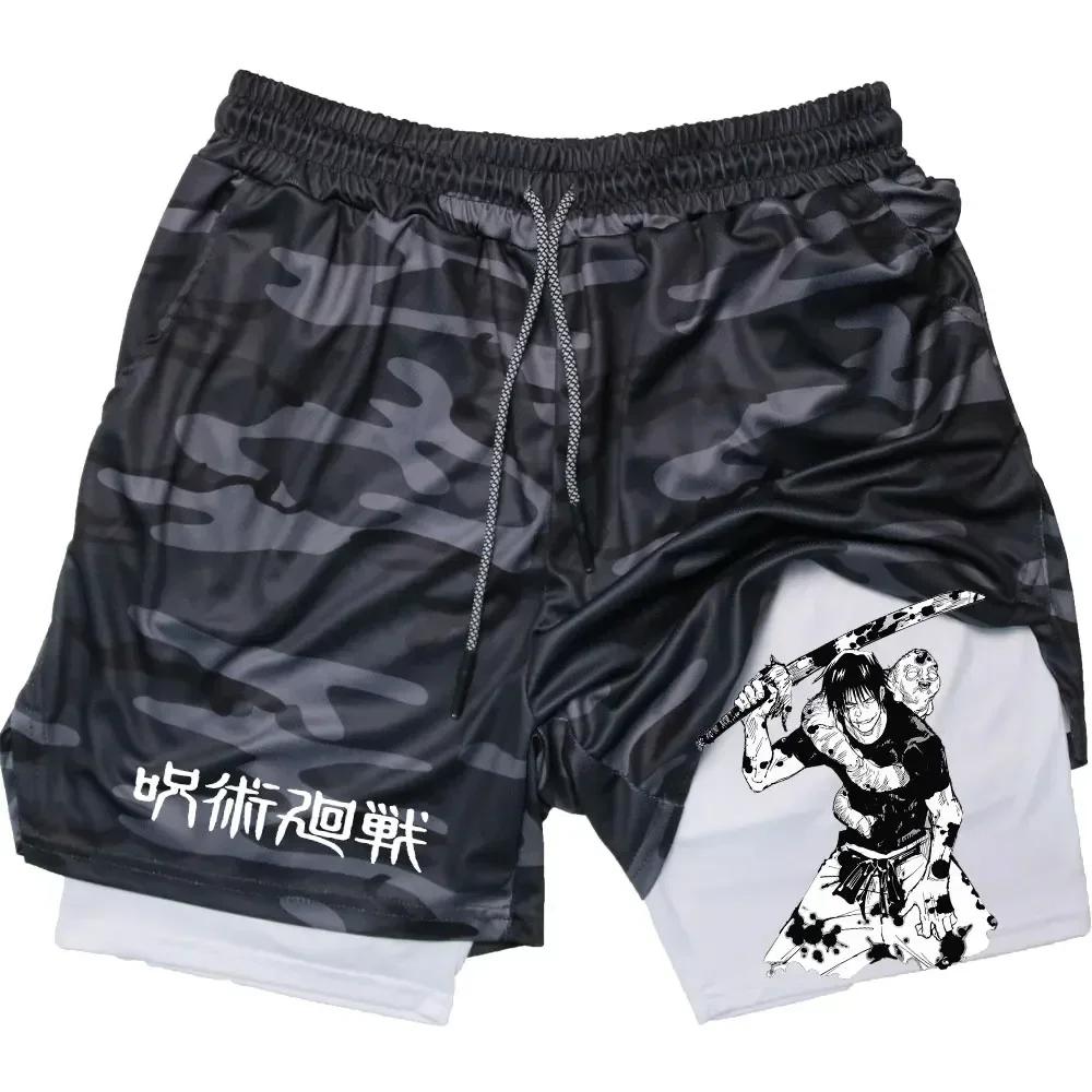 Anime Performance Shorts Printed Men GYM Casual Sports Compression Shorts Workout Running Mesh 2 In 1 Sport Short Pants M-3XL