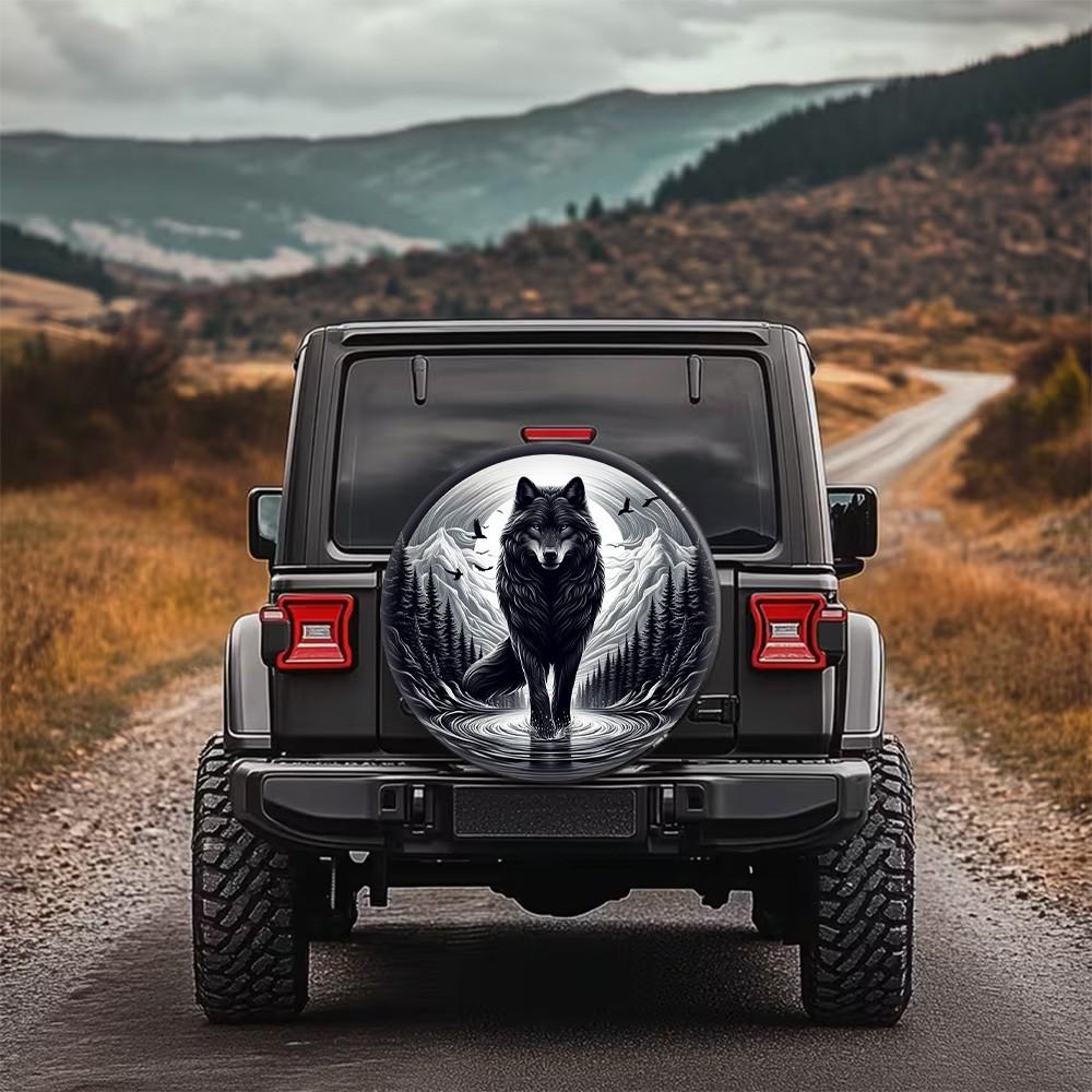 Black Wolf Moon Night Tire Cover Waterproof Spare Wheel Protector Durable Polyester Universal Fit