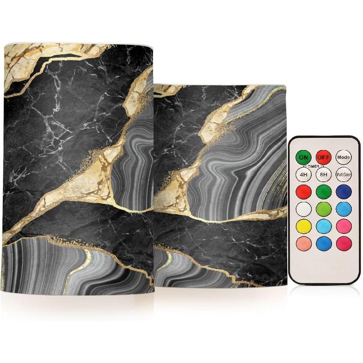 Flameless Candles Battery Operated Black Gold Marble Flickering LED Pillar Candles with Remote Control Colour Changing Warm Light Candles for Wedding