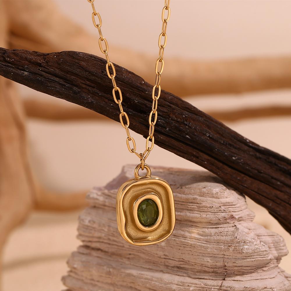MamacitaSlay Retro Irregular Pendant Round Green Zircon Paper Clip Chain women's necklace trendy women's stainless steel jewelry