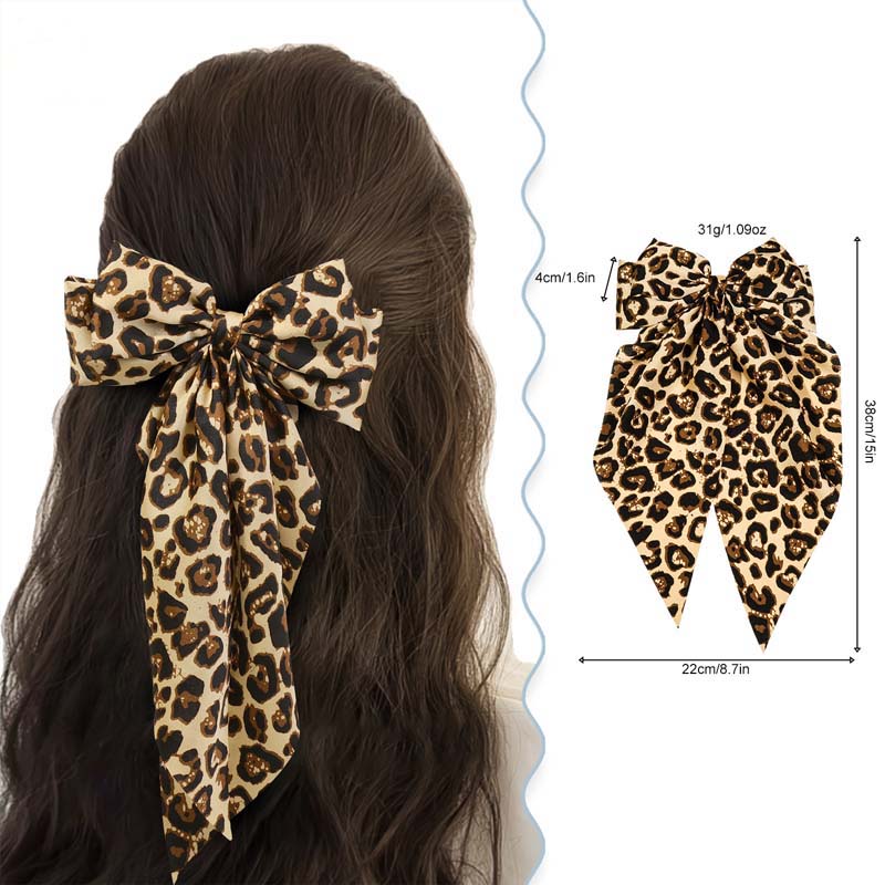Vintage Leopard Print Ribbon Hairpin  for Women Girls Elegant Large Bowknot Solid Satin Spring Clamp Barette Hair Accessories