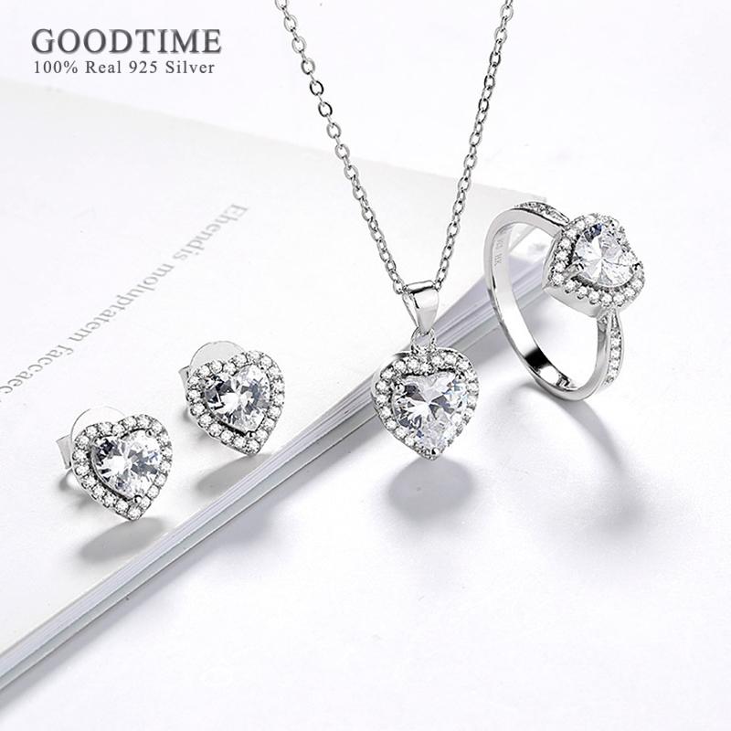 Fashion Women Jewelry Sets For Party Pure 925 Silver Bridal Love Heart Zircon Necklace Earrings Ring Set Accessories