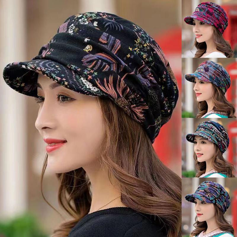 Women Keep Warm Turban Visor Hat Floral Print Windproof Cap Wide-Brimmed Cap Winter Warm Fashion