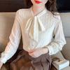 Autumn Fashion New 2024 Long Sleeve Lace Up Bow Collar Apricot Lace Blouse Shirt Women Tops Blouses Shirts J466