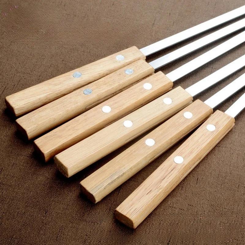 Шпажки для шашлыка 55 см плоские шампуры для барбекю из нержавеющей стали с деревянной ручкой многоразовые шампуры для барбекю плоские палочки ряд кебабница