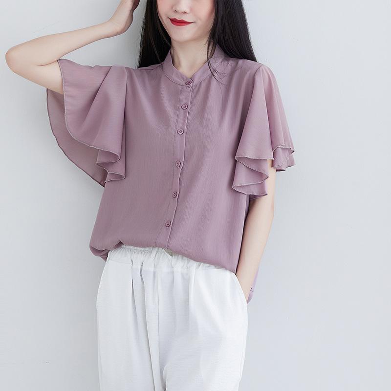 Literary Summer Loose Stand Collar Solid Color Short Sleeve Shirt Women's Fashion Flying Sleeve Blouse Top