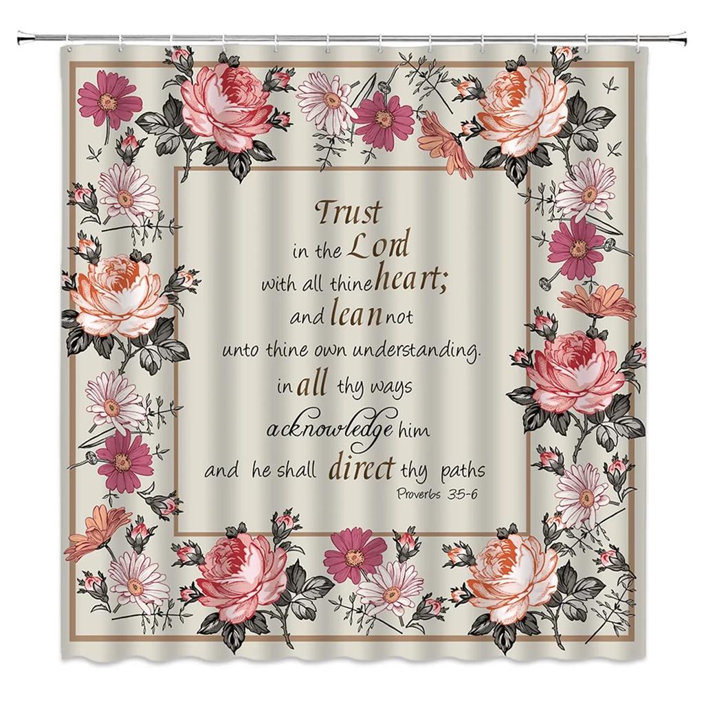 Inspirational Quote Shower Curtain Bible Verse Motivational Quote Bath Curtain Ink Paint Pink Teal Marble Abstract Bathtub Decor