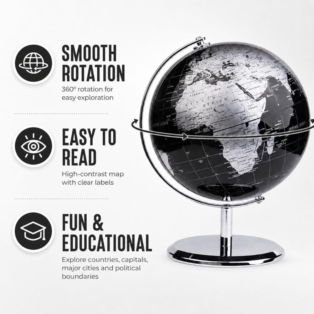 8 Inches Metallic Black World Globe Metal Base for Desk and School
