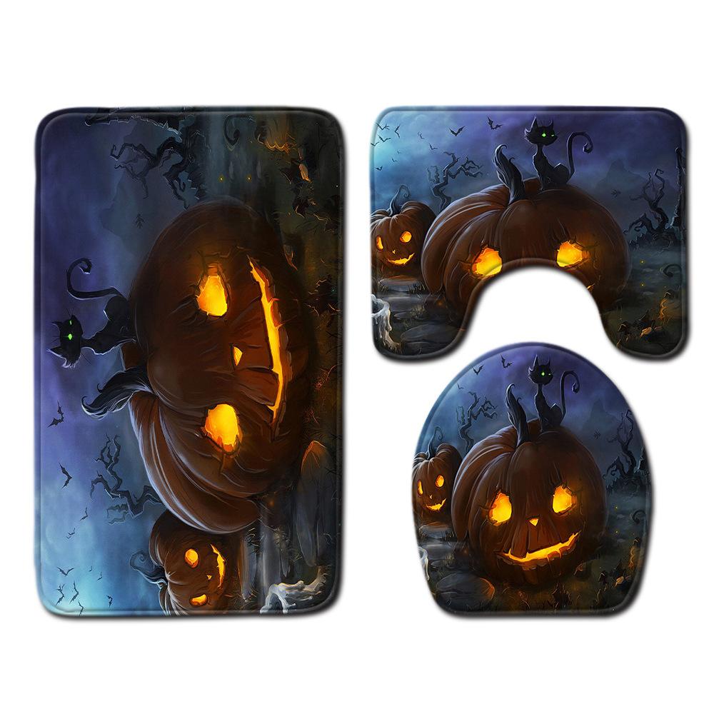 Halloween Shower Curtain Floor Mat Combination Four-Piece Set Bathroom Toilet Carpet Shower Room Foot Mat