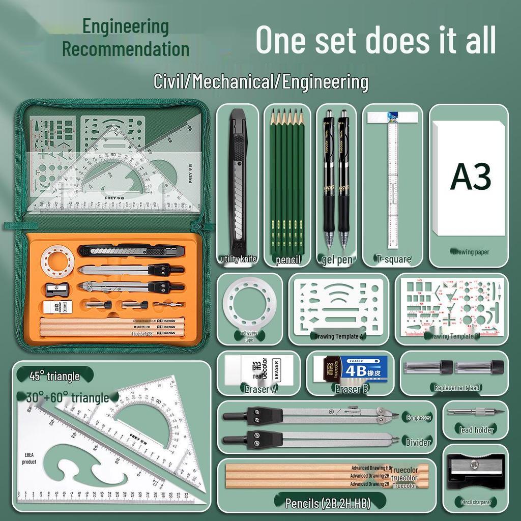 True Color Mechanical Drafting Tools Set for Students: Compass & Engineering Ruler for Civil & Architectural Drawing.