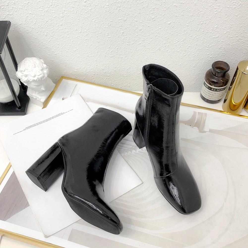Модная обувь Женские ботильоны Лакированная кожа Большой размер 33-45 Ботинки челси Квадратный носок Боковая молния Осенне-зимняя обувь Женская Бежевый Черный
