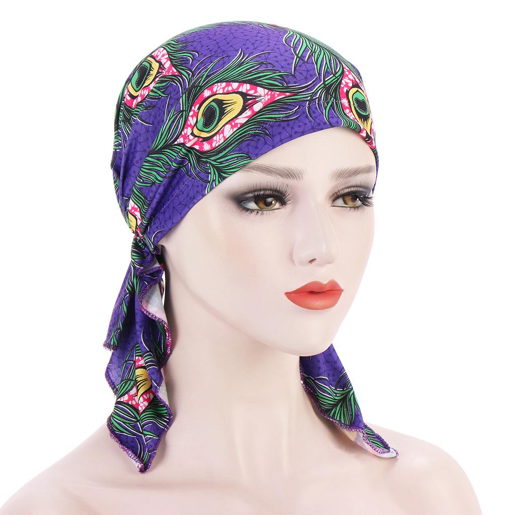 Woman Elastic Scarf Towel Hat Ladies Print Cashew Feather Cancer Chemotherapy Hat Bag Head Cap