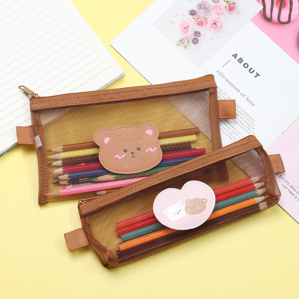 Bear Brown Kawaii Storage Bag Pouches Stationery Mesh Pencil Case Student Pencil Bag