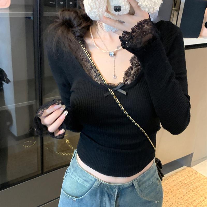 Повседневный вязаный свитер с кружевом и V-образным вырезом для женщин, осень и зима, новые облегающие вязаные свитера, женские топы, элегантные однотонные винтажные женские джемперы 25865
