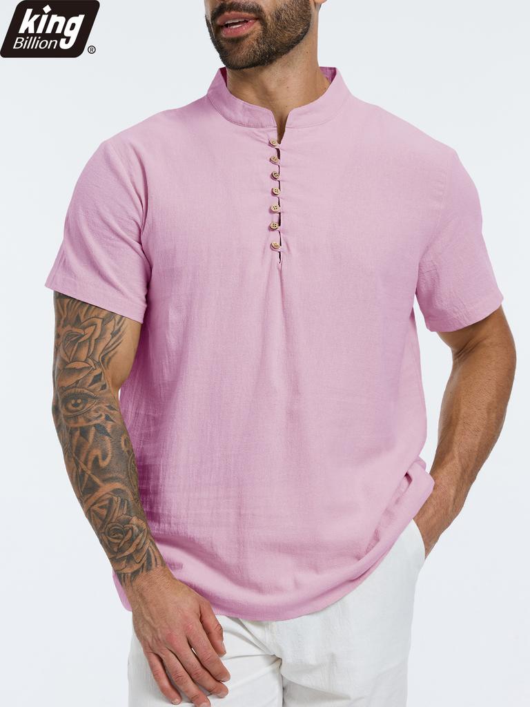 Летняя Новая Мужская Хлопково-Льняная Футболка с Коротким Рукавом Дышащая Легкая Однотонная Мужская Модная Футболка Хенли с Пуговицами