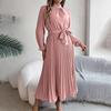 Women's Long Sleeve Maxi Dress Stand Collar High Waist A-Line Dress Loose Solid Color Pleated Long Dress