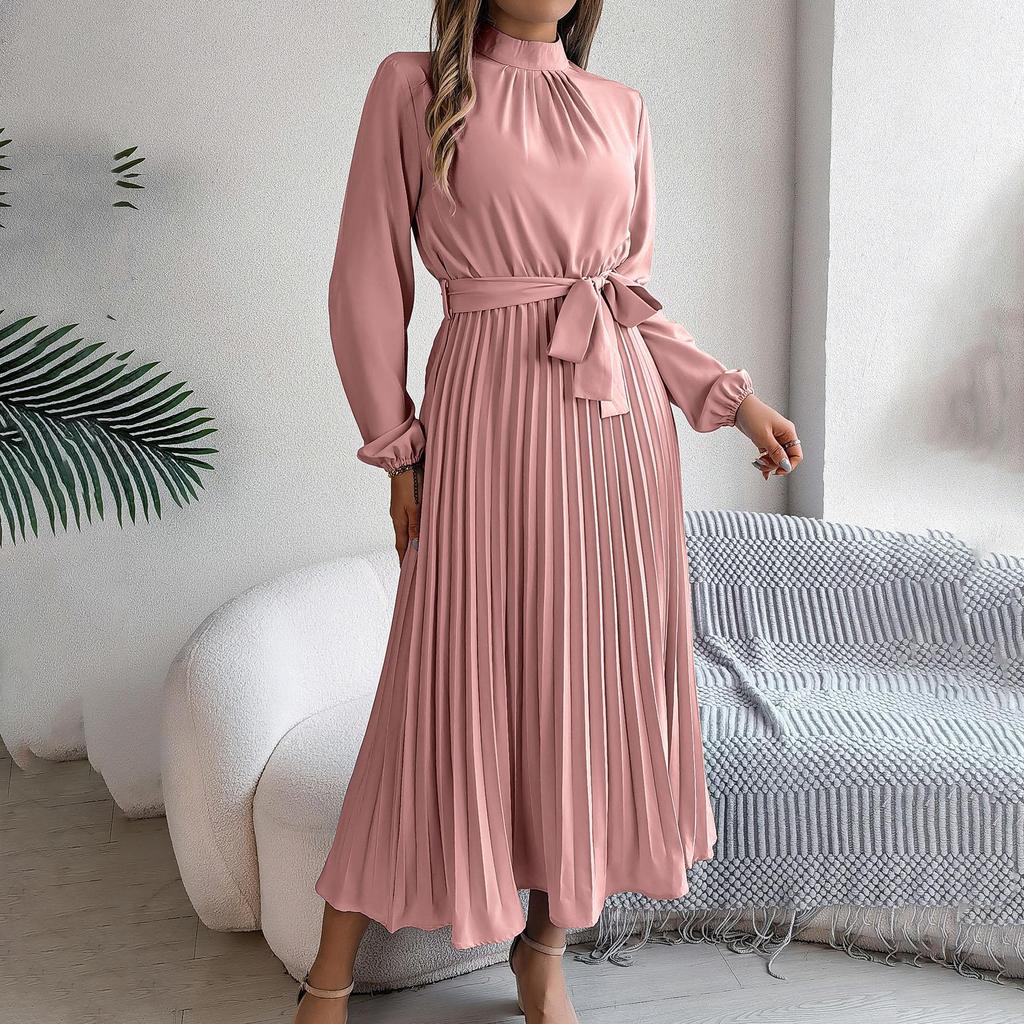 Women's Long Sleeve Maxi Dress Stand Collar High Waist A-Line Dress Loose Solid Color Pleated Long Dress