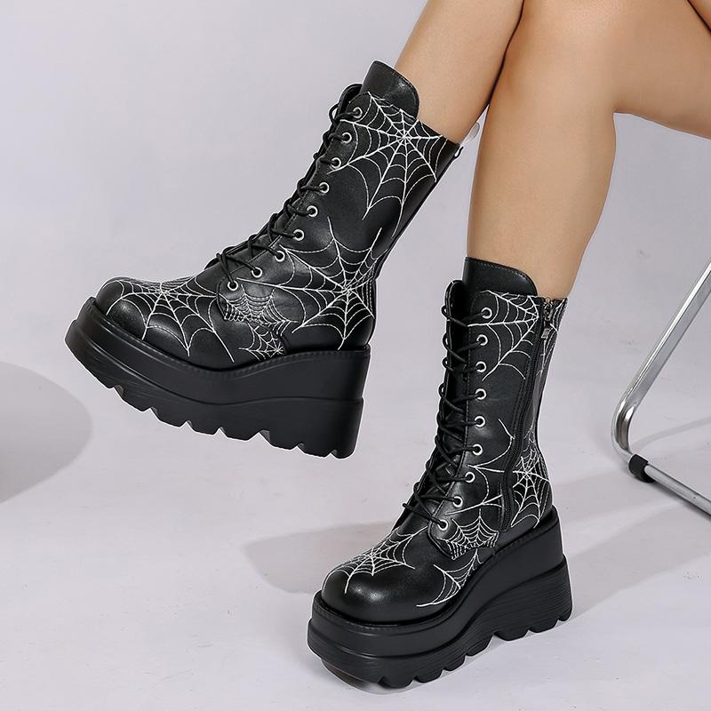 Fashion Spooky Style Chunky Platform Mid Calf Boots Women Spider Web Pattern Wedge Gothic Boots Woman Thick Sole Halloween Cosplay Shoes