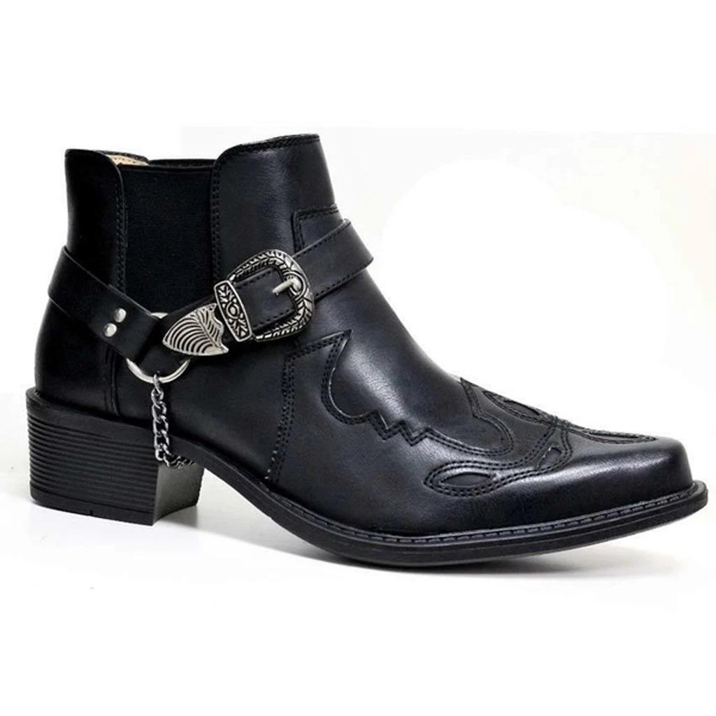 Autumn Trendy New Short Boots Men's Fashion Retro Cowboy Boots Leather High Top Chain Buckle Shoes Pointed Toe Non Slip Boots