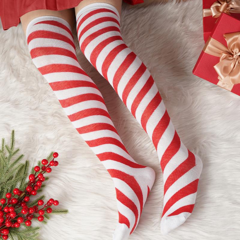 Рождественский зеленый красный хлопковый чулок в полоску выше колена с бантом длинные носки