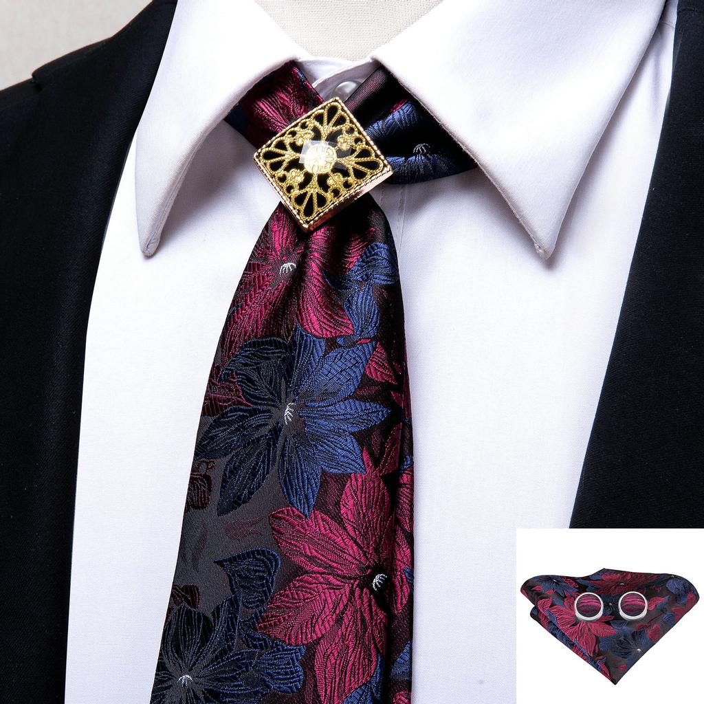 Hi-Tie Винно-красный галстук для мужчин, галстук, носовой платок, запонки, кольцо для галстука из сплава, галстук-боло, набор бутоньерок