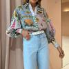 2025 Women's Elegant Printed Lapel Shirt - European & American Style, Loose Fit, Long Sleeves