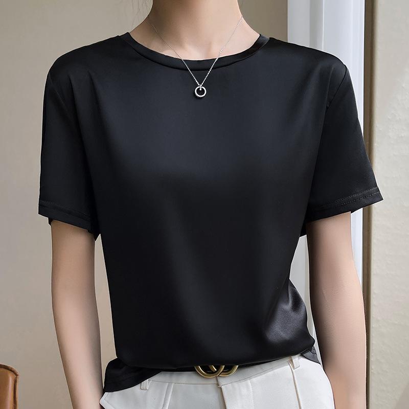 Silk T-shirt for Women Spring and Summer Short Loose Round Neck Solid Colour Inner Temperament Short-sleeved T-shirt Tops