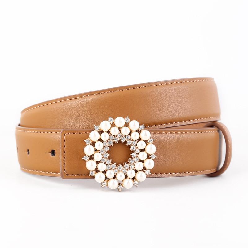 Womens Pearl Embellished Leather Belt With Alloy Buckle For Casual Dress And Jeans Accessories