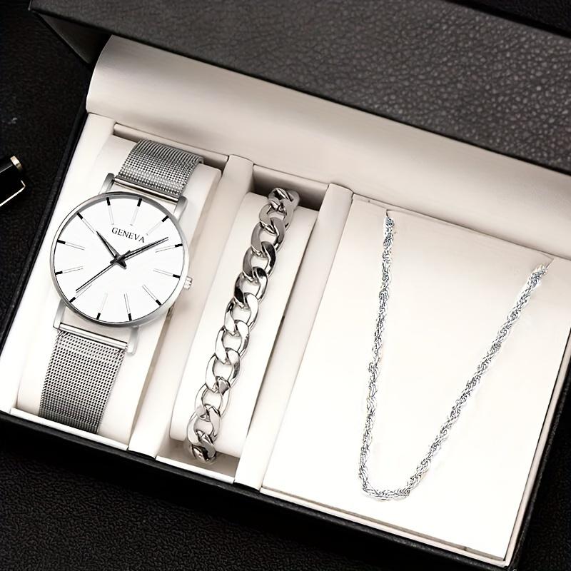 3pcs/set, Fashion Men's Business Casual Mesh Strap Quartz Watch & Bracelet Necklace Set, Ideal Choice for Gifts
