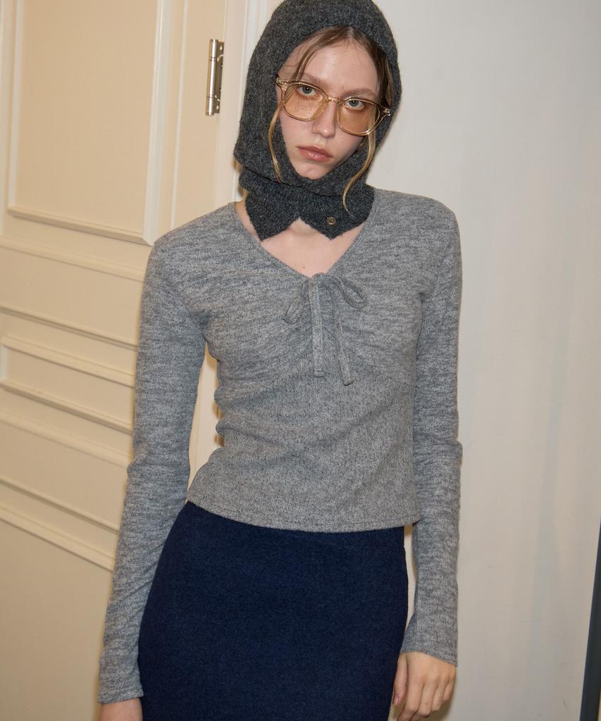 SALON DE YOHN V-Neck Ribbon Shirring Knit_ Gray