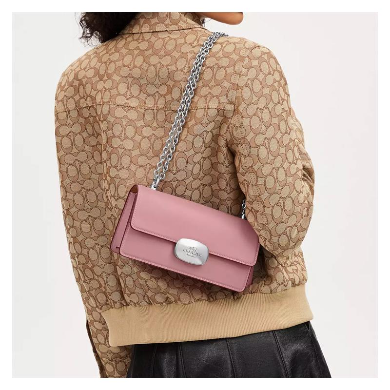 COACH Eliza 23 chain shoulder strap with snap closure, calfskin, shoulder crossbody bag, medium, women's, silver with real pink