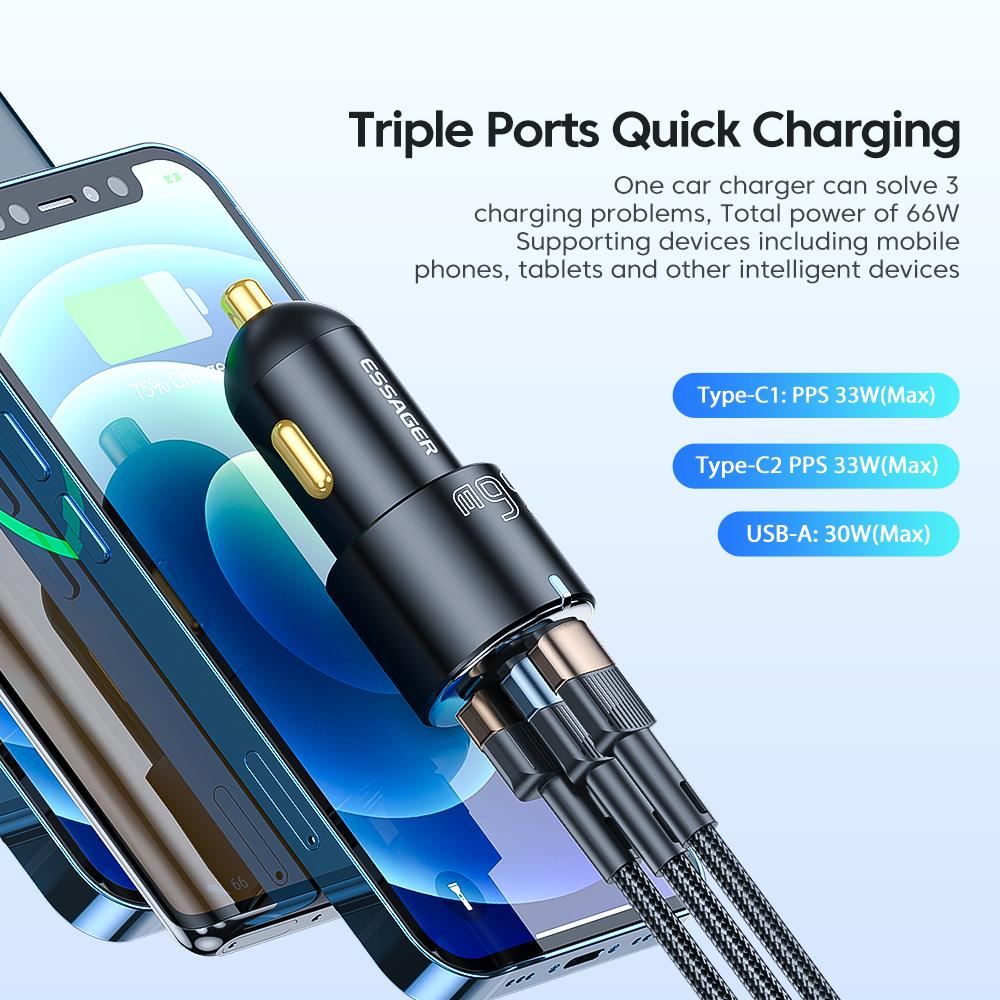 Essager Автомобильное зарядное устройство 66 Вт, быстрая зарядка, быстрое зарядное устройство QC PD 3,0 для iPhone 14 Type C, автомобильное зарядное устройство USB с USB-портом для Huawei Samsung