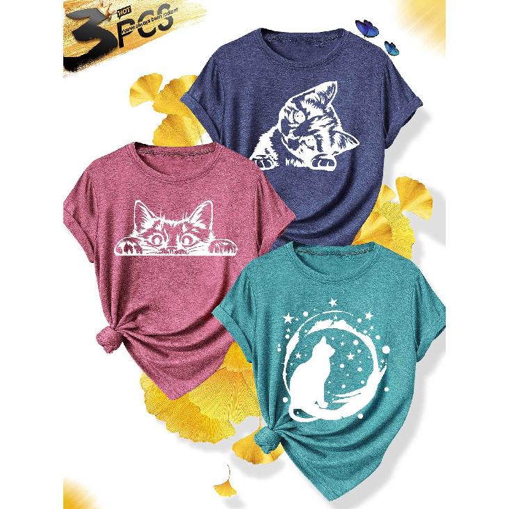3 Simple and elegant women's party attire Cat Silhouette Series Round Neck Casual Sporty Fresh Elegant Plus Size Women's Short Sleeve T Fashionable