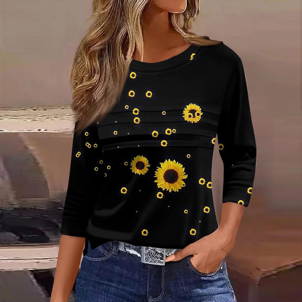 Футболки для женщин, плиссированные, с круглым вырезом, нарядные, повседневные, блузки с принтом, рукав 3/4, летние топы, свободный крой