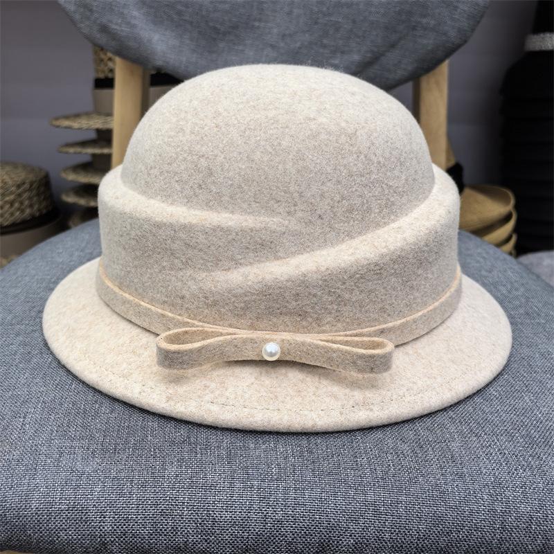 French fragrant Hepburn style wool hat bow curled top hat women's autumn and winter square face basin hat winter British top hat