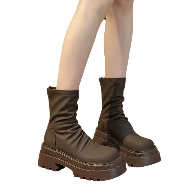 Женские ботинки Мартин на толстой подошве 2025 новые эластичные тонкие ботинки универсальные тонкие плиссированные ботинки-чулки ботинки женские-труба
