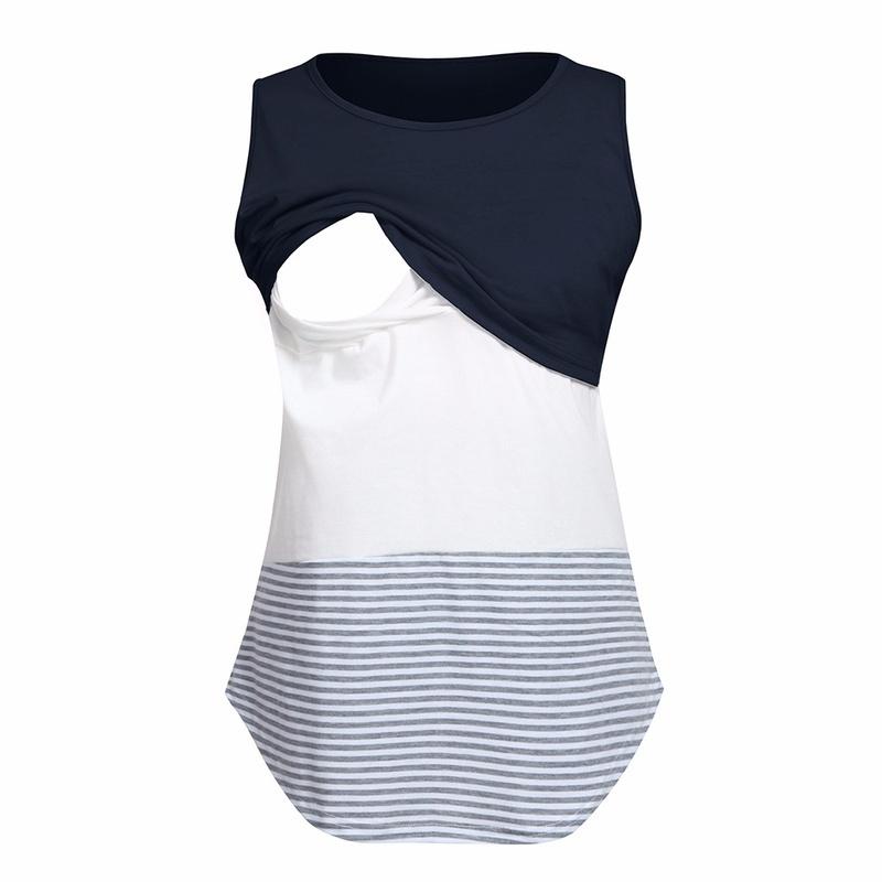Women Convenient Lactation Pregnant Nursing Round Neck Sleeveless Stripe Gravida Clothing Maternity Shirt