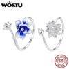 WOSTU Настоящее серебро 925 пробы, уникальные открытые кольца в форме лотоса для женщин, синяя эмаль, эффектное кольцо с цветком, ювелирное изделие для свадебной вечеринки, подарок