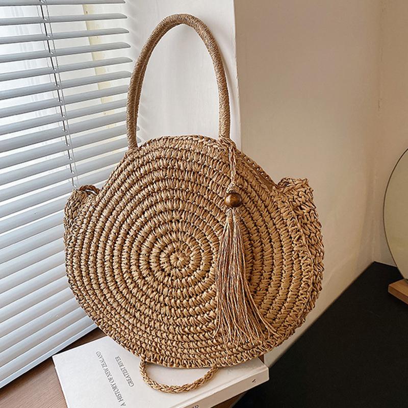 Yogodlns Летняя пляжная сумка, круглые соломенные сумки для женщин, сумка на плечо из ротанга, дорожная тканая сумка ручной работы, большая вместительная женская сумка-шоппер