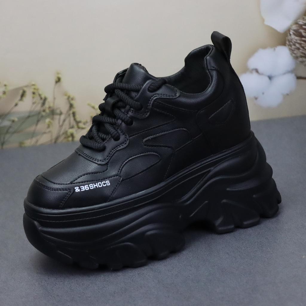 Мода 12 см Натуральная кожа Вулканизированная Мода Толстая подошва Женские Массивные Кроссовки Платформа Клин Повседневная Зима Плюшевая Осень Обувь