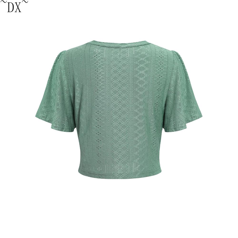 DX - весеннее и летнее новое желание, женский однотонный повседневный вязаный ажурный комплект с круглым вырезом для внешней торговли в Европе и Америке