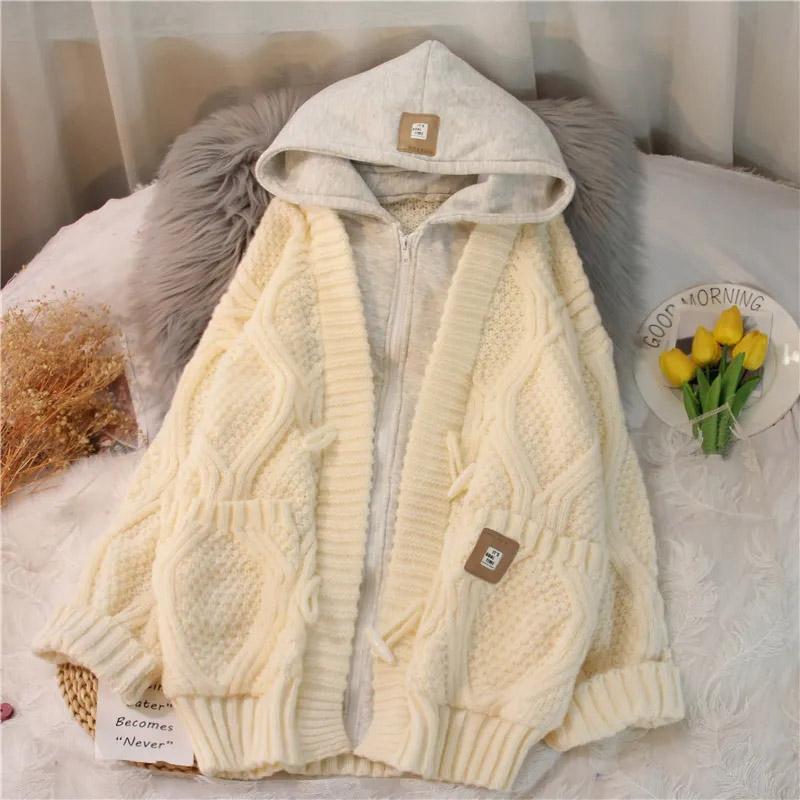 Hooded Sweater Jacket Women Autumn False Two Pieces Loose Medium-length Paragraph Button Sweater Cardigan