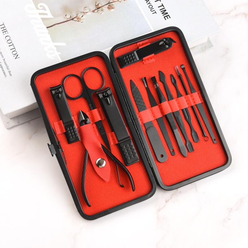 Машинка для стрижки ногтей из нержавеющей стали, триммер, набор для ухода за ушами, маникюрные ножницы, педикюр, пинцет, набор инструментов для ногтей с черным кожаным дорожным футляром