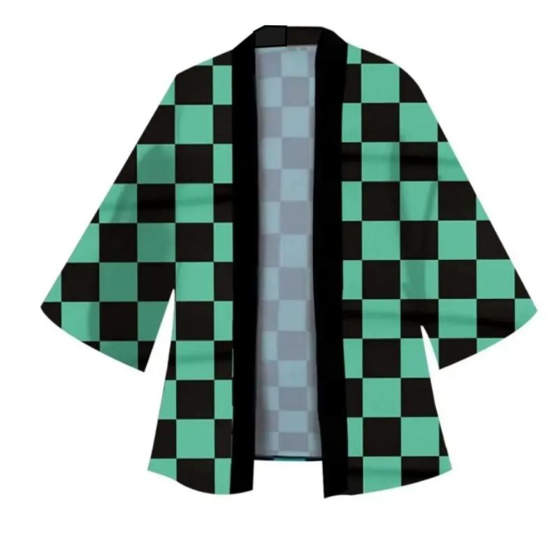 Japanese Anime Men Green Black Checkered Tanjiro Kamado Cosplay Kimono Women Acrylic Ear Clip Accessory Suit Nezuko Kamado Coat